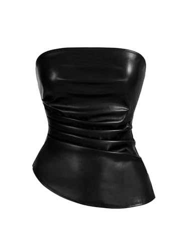 GORGLITTER Damen Tube Top PU Leder Sommertop Trägerlose Oberteile Ärmellos Ledertop Bandeau Tops Schulterfreies Partytop Clubtop Festivaloutfits Schwarz XS von GORGLITTER