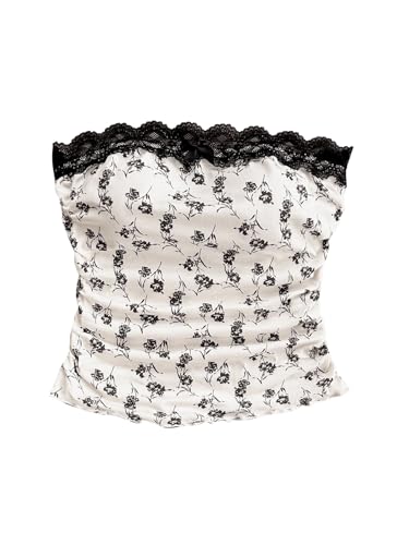 GORGLITTER Damen Tube Top Sommer Trägerlose Oberteile mit Spitze Bauchfreie Sommertop Schulterfreies Freizeittop Ärmellose Spitzentop Urlaub Bandeau Tops Weiß S von GORGLITTER