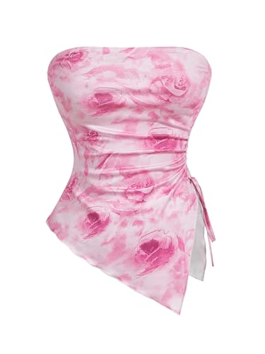 GORGLITTER Damen Tube Top Trägerloses Crop Top Schulterfrei Sommer Tops Asymmetrisch Röhrenoberteil Bandeau-Top Bauchfreies Oberteil mit Wellensaum Heißes Pink M von GORGLITTER