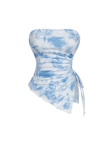 GORGLITTER Damen Tube Top Trägerloses Crop Top Schulterfrei Sommer Tops Asymmetrisch Röhrenoberteil Bandeau-Top Bauchfreies Oberteil mit Wellensaum Hellblau S von GORGLITTER
