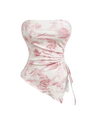 GORGLITTER Damen Tube Top Trägerloses Crop Top Schulterfrei Sommer Tops Asymmetrisch Röhrenoberteil Bandeau-Top Bauchfreies Oberteil mit Wellensaum Rostige Rose S von GORGLITTER