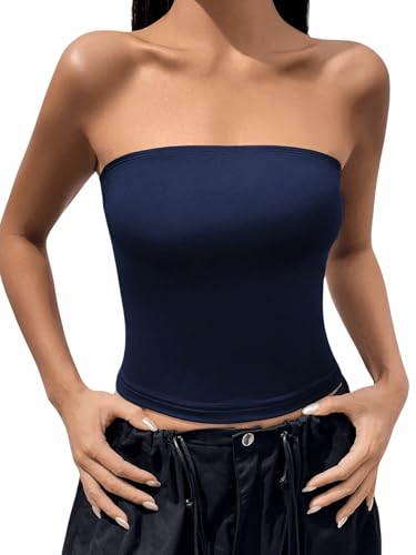 GORGLITTER Damen Tube Top Trägerloses Crop Top Schulterfrei Sommer Tops Röhrenoberteil Bandeau-Top Basic Oberteil Dunkelblau XS von GORGLITTER