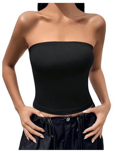 GORGLITTER Damen Tube Top Trägerloses Crop Top Schulterfrei Sommer Tops Röhrenoberteil Bandeau-Top Basic Oberteil Schwarz XS von GORGLITTER