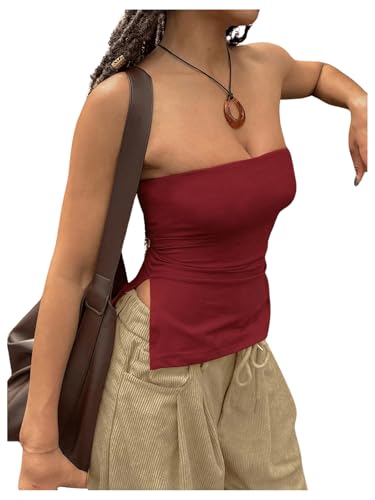 GORGLITTER Damen Tube Top Trägerloses Crop Top Schulterfrei Sommer Tops Röhrentop Bandeau-Top Basic Schlauchtop mit Schlitz Bordeaux S von GORGLITTER