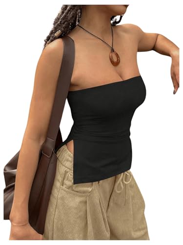 GORGLITTER Damen Tube Top Trägerloses Crop Top Schulterfrei Sommer Tops Röhrentop Bandeau-Top Basic Schlauchtop mit Schlitz Schwarz S von GORGLITTER