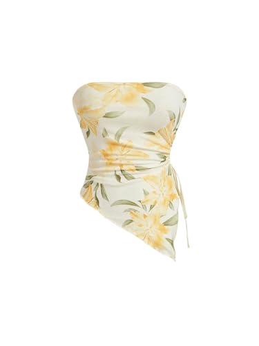 GORGLITTER Damen Tube Top Trägerloses Floral Muster Top Schulterfrei Sommer Tops Asymmetrisch Bandeau-Top Röhrentop mit Seitenschlitz Gelb L von GORGLITTER