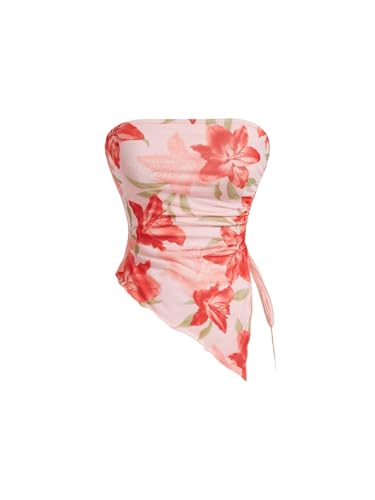 GORGLITTER Damen Tube Top Trägerloses Floral Muster Top Schulterfrei Sommer Tops Asymmetrisch Bandeau-Top Röhrentop mit Seitenschlitz Rot M von GORGLITTER