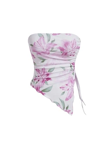 GORGLITTER Damen Tube Top Trägerloses Floral Muster Top Schulterfrei Sommer Tops Asymmetrisch Bandeau-Top Röhrentop mit Seitenschlitz Violett Lila L von GORGLITTER