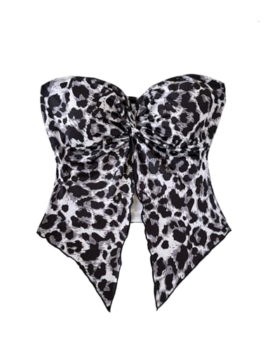 GORGLITTER Damen Tube Top Trägerloses Top Crop Top Schulterfrei Sommer Tops Leoparden-Muster Röhrentop Bandeau-Top mit Schlitz vorne Schwarz und Weiß XL von GORGLITTER