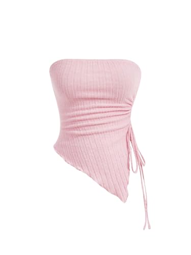 GORGLITTER Damen Tube Top Trägerloses Top Schulterfrei Sommer Tops Asymmetrisch Bandeau-Top mit Seitenschlitz Rosa XS von GORGLITTER