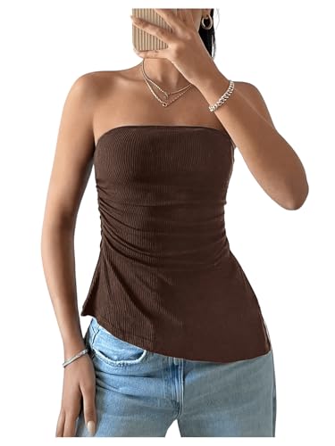GORGLITTER Damen Tube Top Trägerloses Top Schulterfrei Sommertops Asymmetrisch Bandeau-Top Röhrentop mit Seitenschlitz Braun XS GORGLITTER Damen Tube Top Trägerloses Top Schulterfrei Sommertops Asymmetrisch Bandeau-Top Röhrentop mit Seitenschlitz Braun XS von GORGLITTER