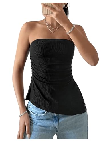GORGLITTER Damen Tube Top Trägerloses Top Schulterfrei Sommertops Asymmetrisch Bandeau-Top Röhrentop mit Seitenschlitz Schwarz L von GORGLITTER
