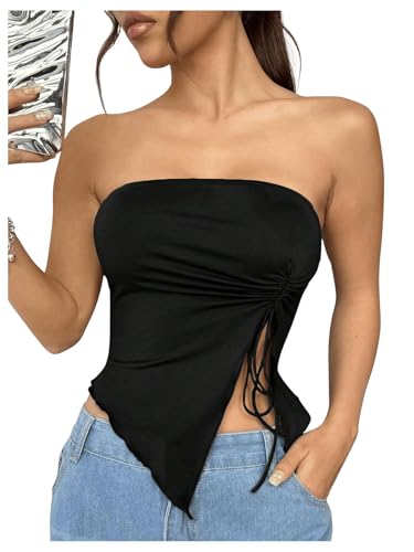 GORGLITTER Damen Bandeau-Top Tube Tops Trägerloses Top Schulterfrei Asymmetrisch Sommertops mit Seitenschlitz Schwarz M von GORGLITTER