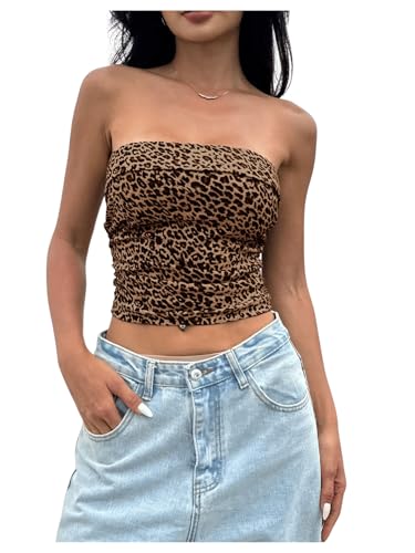 GORGLITTER Damen Tube Top Trägerloses Top Schulterfrei Sommertops Leopardenmuster Bandeau Crop Top Röhrenoberteil Braun XS GORGLITTER Damen Tube Top Trägerloses Top Schulterfrei Sommertops Leopardenmuster Bandeau Crop Top Röhrenoberteil Braun XS von GORGLITTER