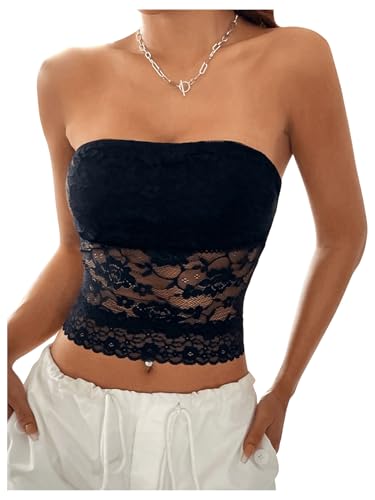 GORGLITTER Damen Tube Top mit Spitzen Trägerlose Tops Ärmellos Schulterfrei Korsett Bandeau Top Schlauchoberteil Schwarz M von GORGLITTER