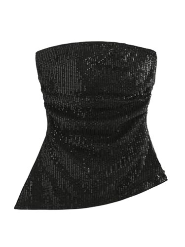 GORGLITTER Damen Tube Tops Pailletten-Dekor Sommer Top Oberteile Asymmetrisch Bandeau-Top Sommer Trägerloses Crop Top Elegant Ärmellos Freizeittop Schwarz L von GORGLITTER