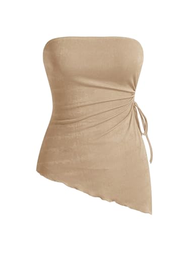GORGLITTER Damen Tube Tops Trägerloses Top Schulterfrei Sommer Bandeau-Oberteil mit Asymmetrischem Saum Khaki L von GORGLITTER