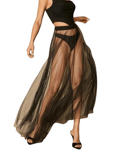 GORGLITTER Damen Tüllrock Transparenter Maxirock Sommer Plissierter Röcke Sommer Rock A Linie Plisseerock Locker Lang Freizeitrock Schwarz M von GORGLITTER