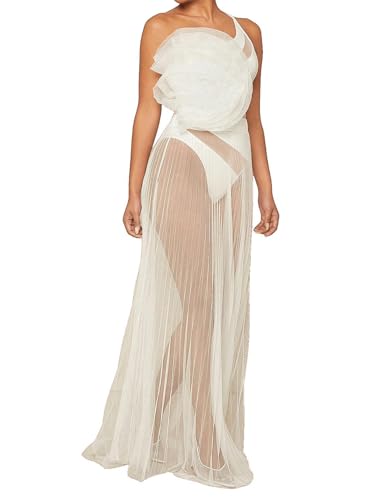 GORGLITTER Damen Tüllrock Transparenter Maxirock Sommer Plissierter Röcke Sommer Rock A Linie Plisseerock Locker Lang Freizeitrock Weiß M von GORGLITTER