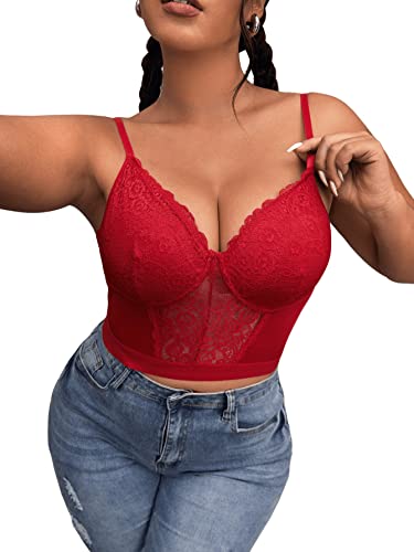 GORGLITTER Damen Übergröße Bauchfrei Spitzentop Camilose Plus Top Spitze Crop Tops Bralettes Spaghettiträger Shirts Cropped Oberteil Bordeaux 4XL von GORGLITTER