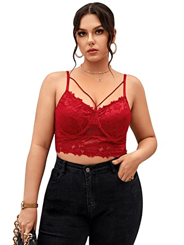 GORGLITTER Damen Übergröße Bauchfrei Spitzentop Camilose Plus Top Spitze Crop Tops Bralettes Stretch Cropped Oberteil Bordeaux 2XL von GORGLITTER