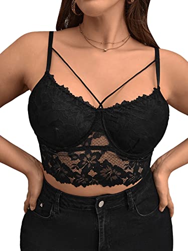 GORGLITTER Damen Übergröße Bauchfrei Spitzentop Camilose Plus Top Spitze Crop Tops Bralettes Stretch Cropped Oberteil Schwarz 1XL von GORGLITTER