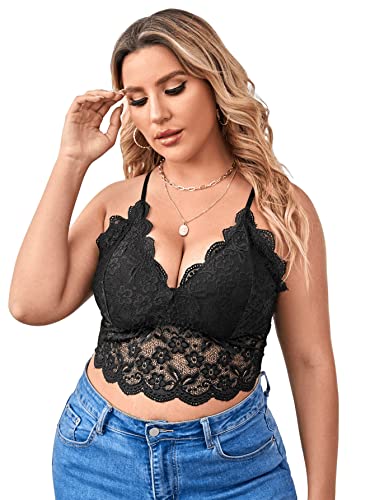 GORGLITTER Damen Übergröße Bauchfrei Spitzentop Camilose Plus Top Spitze Crop Tops Bralettes Trägershirts Cropped Oberteil Schwarz 0XL von GORGLITTER