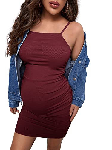 GORGLITTER Damen Umstandskleid Casual Schwangerschafts Kleid für Schwangere Strick Spaghettiträger Minikleid mit Rüschen Bordeaux M von GORGLITTER