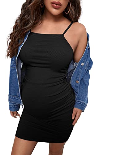 GORGLITTER Damen Umstandskleid Casual Schwangerschafts Kleid für Schwangere Strick Spaghettiträger Minikleid mit Rüschen Schwarz L von GORGLITTER