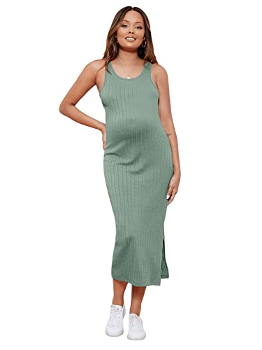 GORGLITTER Damen Umstandskleid Casual Schwangerschafts Kleid für Schwangere Strick Tank Midikleid mit Schlitz Minzgrün L von GORGLITTER