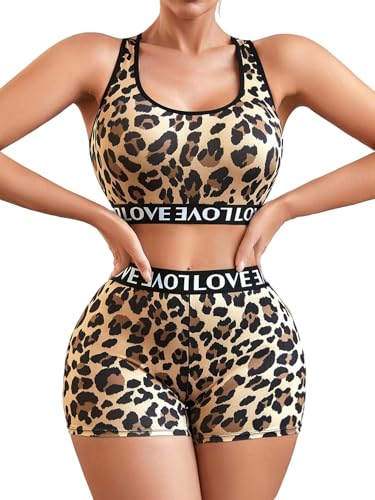 GORGLITTER Damen Unterwäsche Set Sport BH ohne Bügel Leoprint Tank Tops und Hohe Taille Shorts 2 Teiler Strech Bra Short Untertop Set Leopardenparden XL von GORGLITTER