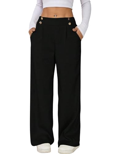 GORGLITTER Damen Weite Hose Elegant Anzughose Hohe Elastische Taille Freizeithose mit Tasche Business Palazzon Hosen Herbst Business Outfit Schwarz L von GORGLITTER