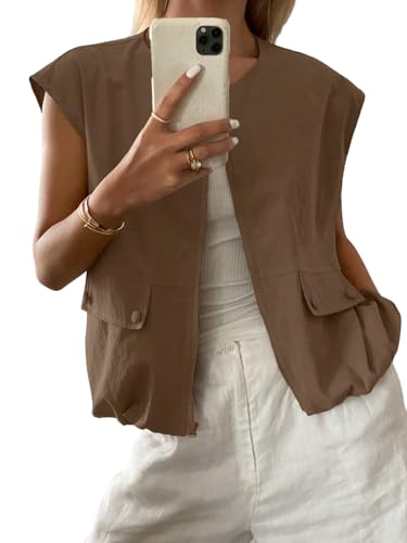 GORGLITTER Damen Weste Elegant Ärmellose Jacke mit Reißverschluss Mantel mit Taschen Casualjacke Oversized Oberteil Leicht Übergangsjacke Kaffeebraun L von GORGLITTER
