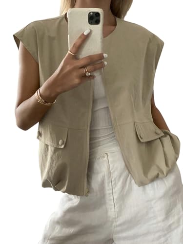 GORGLITTER Damen Weste Elegant Ärmellose Jacke mit Reißverschluss Mantel mit Taschen Casualjacke Oversized Oberteil Leicht Übergangsjacke Khaki M von GORGLITTER