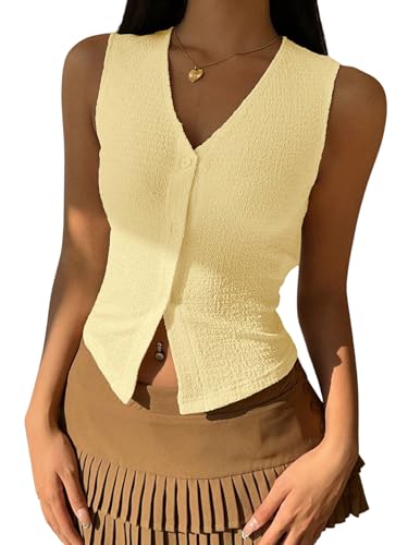 GORGLITTER Damen Weste Elegant Ärmellose Strickweste mit V-Ausschnitt Damenweste mit Knöpfe Vorn Causal Westen Freizeit Jacke Herbst Outfit Gelb L von GORGLITTER