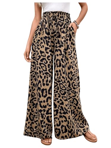 GORGLITTER Damen Wide Leg Hose Leicht Sommerhose Leopardenmuster Lange Hose Weites Bein Freizeithose Locker Damenhose mit Taschen Braun M von GORGLITTER
