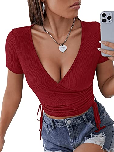 GORGLITTER Damen Wrap Bauchfrei Tops V-Ausschnitt Crop Top Kurz Oberteil Stretch Kurzarmshirt mit Schnürzug Bordeaux L von GORGLITTER