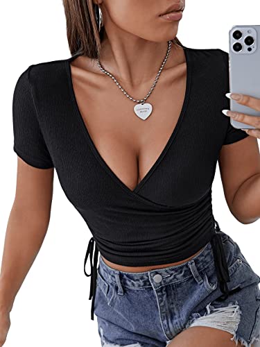 GORGLITTER Damen Wrap Bauchfrei Tops V-Ausschnitt Crop Top Kurz Oberteil Stretch Kurzarmshirt mit Schnürzug Schwarz L von GORGLITTER