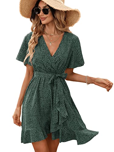 GORGLITTER Damen Wrap Freizeitkleid Schmetterlingsärmel Sommerkleid A-Linie Kleid Casual Skaterkleid mit Gürtel Dunkelgrün M von GORGLITTER