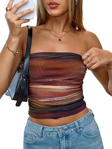 GORGLITTER Damen Y2K Bandeau Tops Tie Dye Trägerloses Freizeittop Schulterfreies Sommertop Bauchfreies Tubetop Rückenfreie Oberteile Crop-Tops Orange L von GORGLITTER