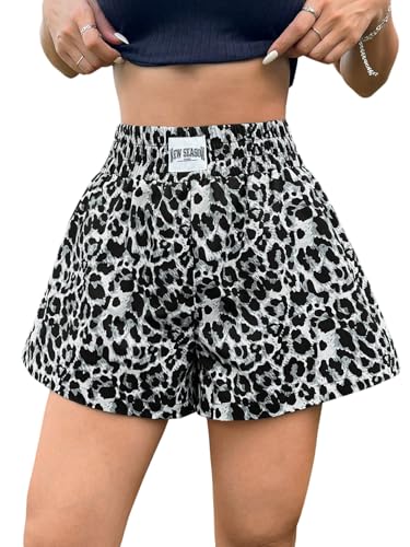 GORGLITTER Damen Y2K Shorts Leoparden Sommershorts Hohe Taille Kurze Hose Elastischer Bund Short Weites Bein Freizeitshorts Locker Kurzhose Strandshorts Grau M von GORGLITTER