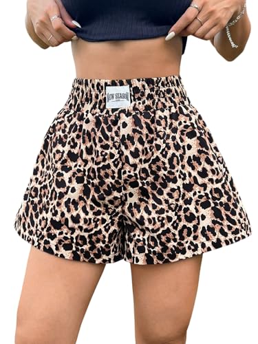 GORGLITTER Damen Y2K Shorts Leoparden Sommershorts Hohe Taille Kurze Hose Elastischer Bund Short Weites Bein Freizeitshorts Locker Kurzhose Strandshorts Leo M von GORGLITTER
