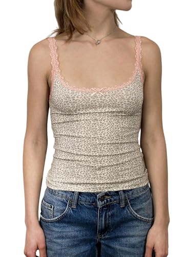 GORGLITTER Damen Y2K Spaghettiträger Top Leoparden Trägertop Ärmellose Oberteile mit Schleifendekor Spitze Sommertop Camisole Tops Spitzentop Leo XS von GORGLITTER