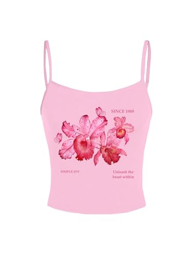 GORGLITTER Damen Y2K Spaghettiträger Top mit Blumenmuster Cami-Top Farbblock Sommertop Ärmellose Oberteile Bauchfreies Freizeittop Sommer Trägertop Hellrosa XS von GORGLITTER