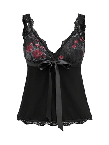 GORGLITTER Damen Y2K Spitzen Top V Ausschnitt Trägertop Ärmelloses Camisole Crop Top mit Blumen Blusentop Sommertop Elegant Schleifendekor Oberteil Schwarz M von GORGLITTER