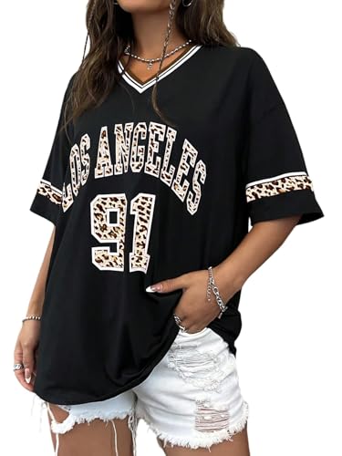 GORGLITTER Damen Y2K T-Shirt Blackpardenmuster Sommershirts Jersey Oversize Oberteile Grafik V Ausschnitt Freizeitshirts Loose Halbarmshirt Black S von GORGLITTER