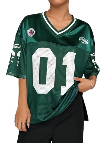 GORGLITTER Damen Y2K T-Shirt Halbarm Sportshirt mit Patches V Ausschnitt Sommershirt Locker Jersey Oberteile Oversize Sporthemd Casualshirt Grün S von GORGLITTER