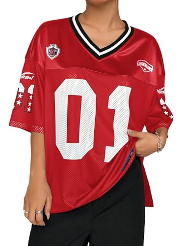 GORGLITTER Damen Y2K T-Shirt Halbarm Sportshirt mit Patches V Ausschnitt Sommershirt Locker Jersey Oberteile Oversize Sporthemd Casualshirt Rot M von GORGLITTER