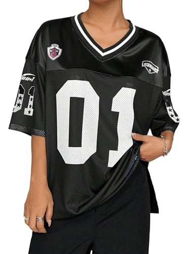 GORGLITTER Damen Y2K T-Shirt Halbarm Sportshirt mit Patches V Ausschnitt Sommershirt Locker Jersey Oberteile Oversize Sporthemd Casualshirt Schwarz L von GORGLITTER