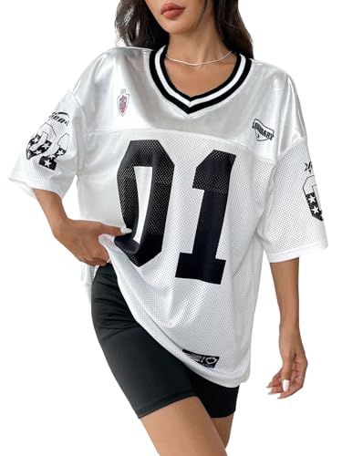 GORGLITTER Damen Y2K T-Shirt Halbarm Sportshirt mit Patches V Ausschnitt Sommershirt Locker Jersey Oberteile Oversize Sporthemd Casualshirt Weiß L von GORGLITTER